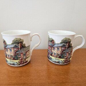 Crown Trent Fine Bone China Mugs (2) With English Cottage Scene
